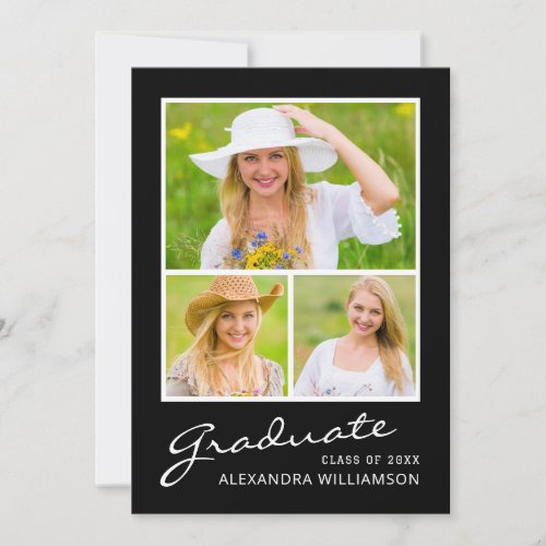 Script 3 Photo Note Simple Black Graduation Announcement