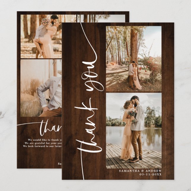 Script 5 photos wedding rustic wood thank you card (Front/Back)