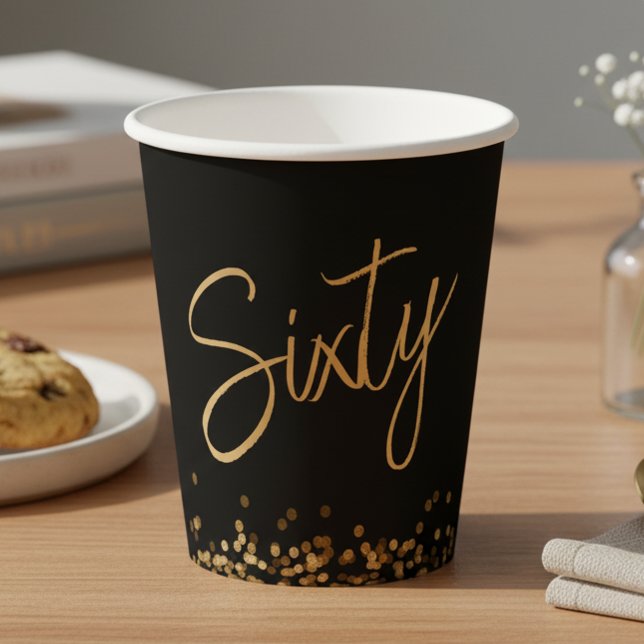 Script 60th Birthday Black Gold Paper Cups (Creator Uploaded)