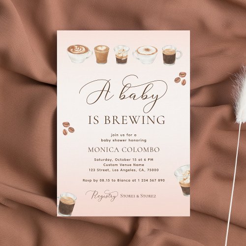 Script A Baby is Brewing Pink Coffee Baby Shower Invitation