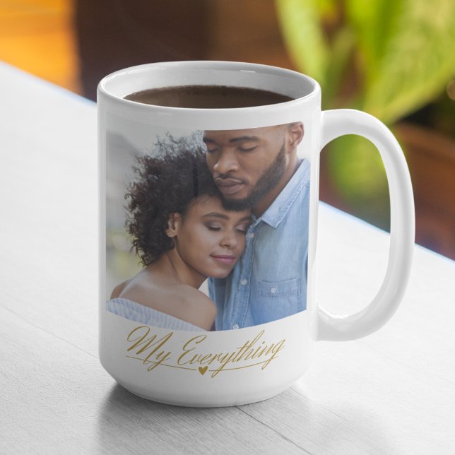 Script Across Us Coffee Mug (Coffee mug with full-width photo, flowing script phrase My Everything, and gold heart line.)