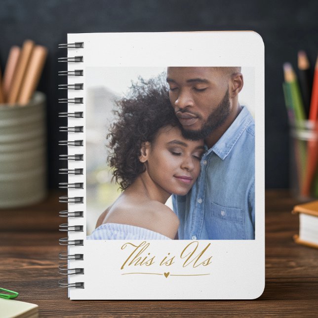 Script Across Us Spiral Notebook (Notebook with full-width photo, flowing script phrase This is Us, and gold heart line accent.)