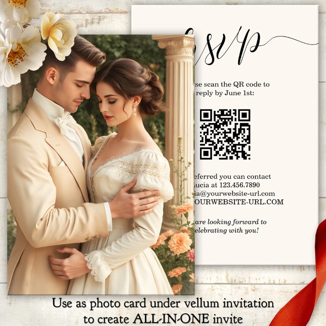 Script All in One Vellum Photo Background Wedding Invitation (Elegant script photo wedding invitation background with RSVP and QR code - vellum addition)