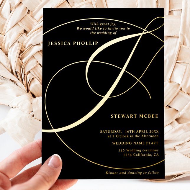 Script ampersand black calligraphy wedding gold foil invitation (Creator Uploaded)