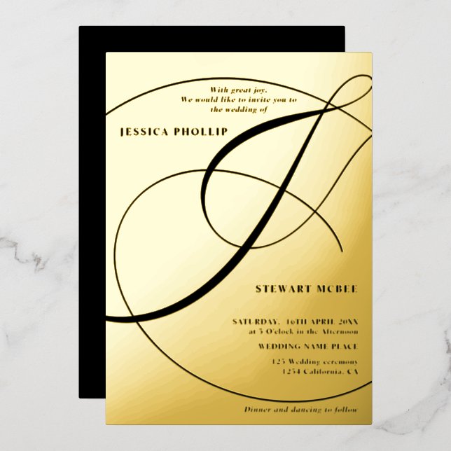 Script ampersand black calligraphy wedding gold foil invitation (Front/Back)