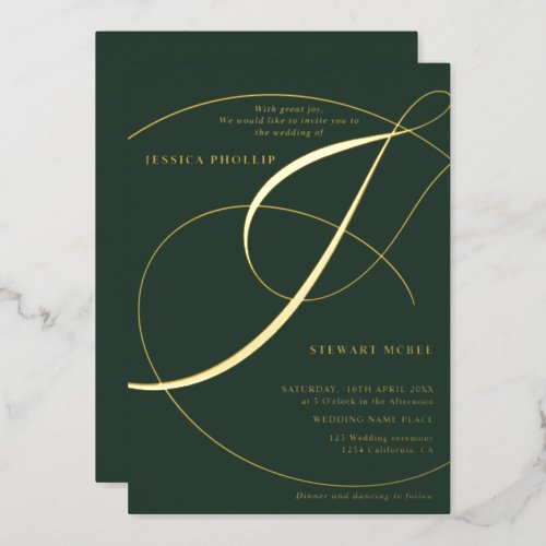 Script ampersand green calligraphy wedding gold foil invitation