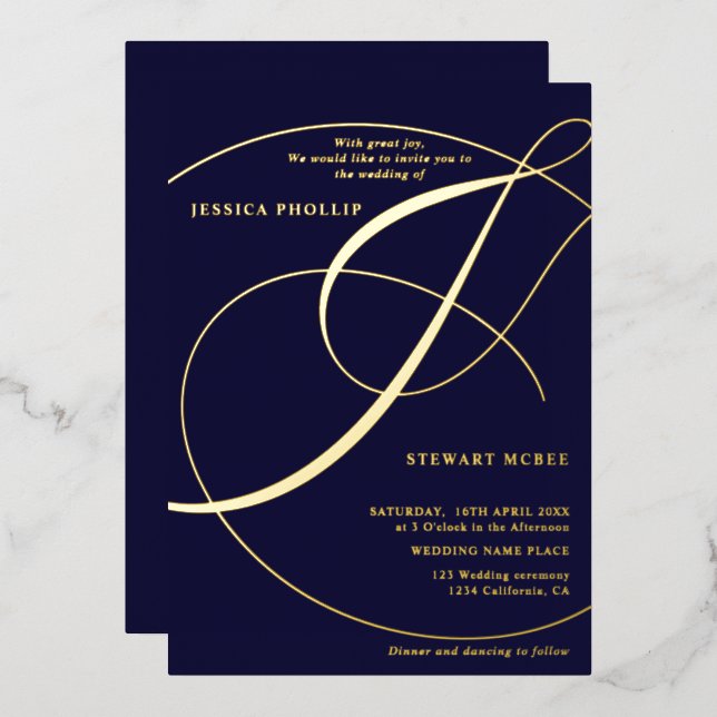 Script ampersand navy calligraphy wedding gold foil invitation (Front/Back)