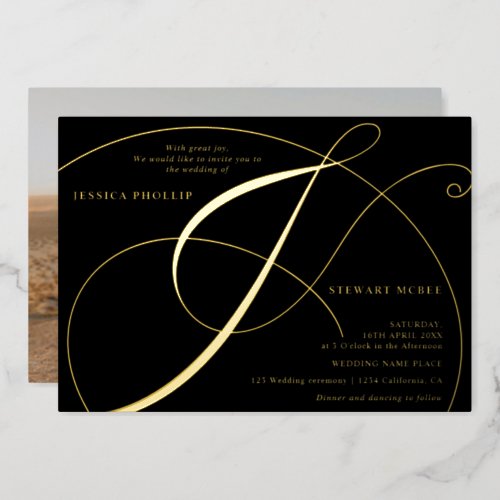 Script ampersand photo calligraphy wedding  foil invitation