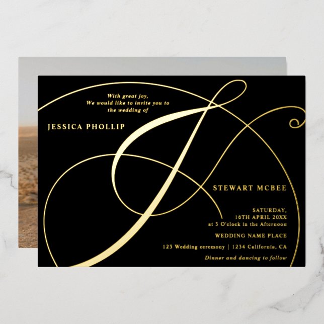 Script ampersand photo calligraphy wedding  foil invitation (Front/Back)