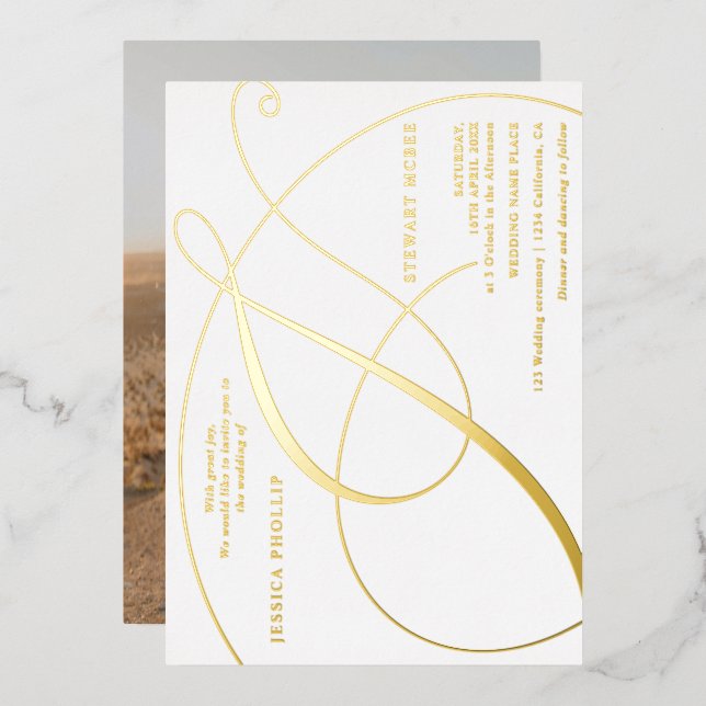 Script ampersand photo calligraphy wedding foil invitation (Front/Back)