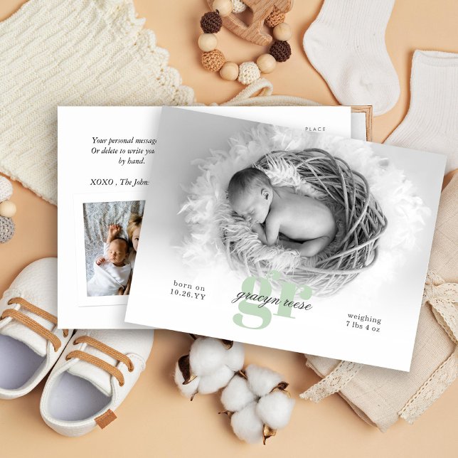 Script and  Monogram Baby Photo Birth Announcement Postcard (Creator Uploaded)