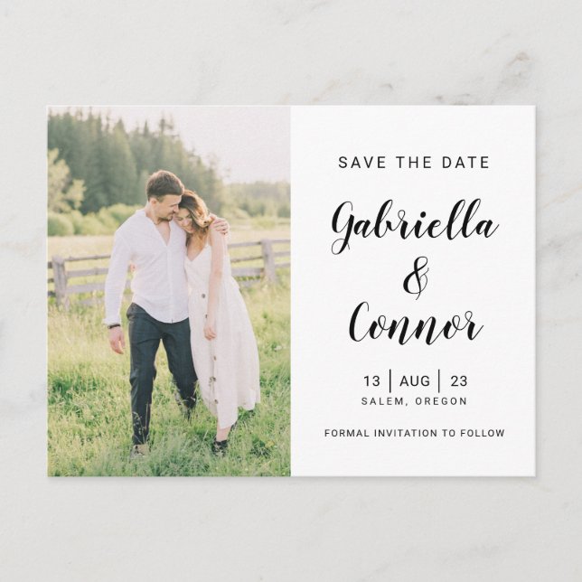 Script and Photo Simple Wedding Save the Date Postcard (Front)