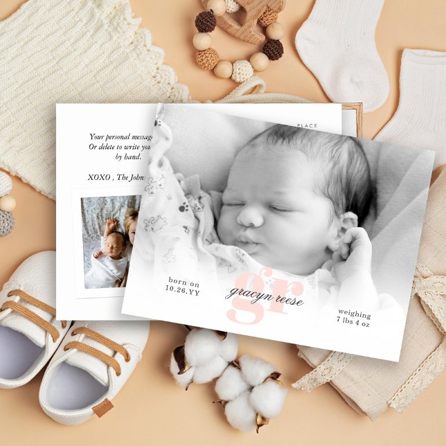 Script and Pink Monogram Baby Photo Postcard (Creator Uploaded)