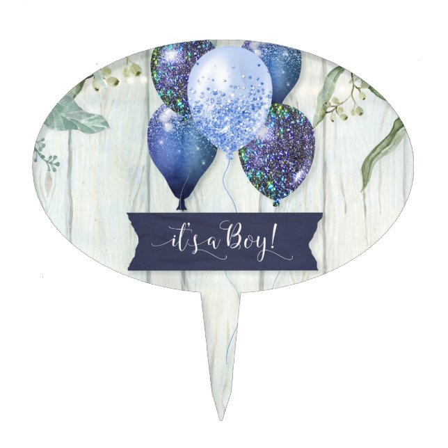 Script Balloon Navy Blue n Wood Baby Boy Shower Cake Topper (Front)