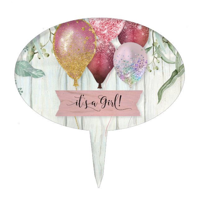 Script Balloon Pink Burgundy Wood Baby Girl Shower Cake Topper (Front)