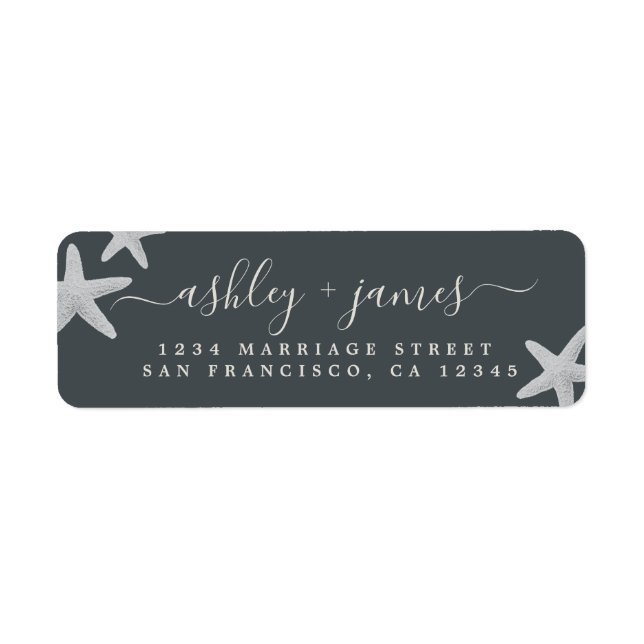 Script Beach Starfish Black Wedding Return Address Label (Front)
