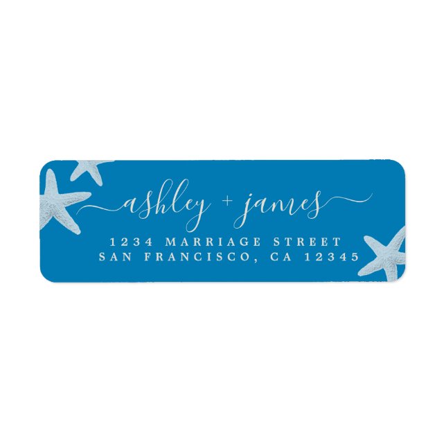 Script Beach Starfish Blue Wedding Return Address Label (Front)