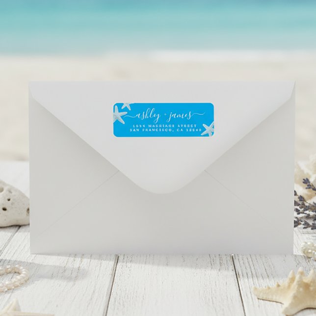 Script Beach Starfish Blue Wedding Return Address Label (Creator Uploaded)