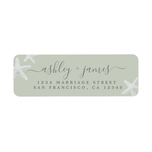Script Beach Starfish Green Wedding Return Address Label (Front)