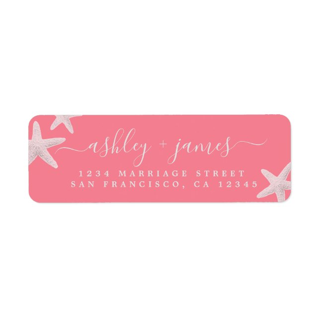 Script Beach Starfish Pink Wedding Return Address Label (Front)