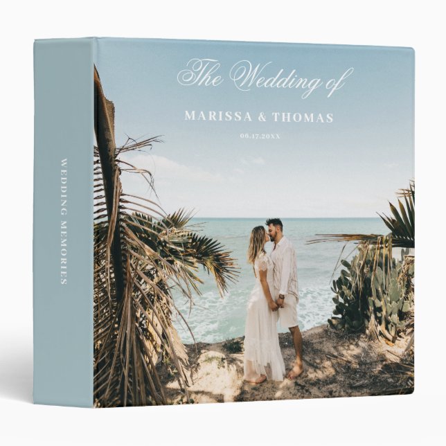 Script Beach Wedding Photo Album Keepsake Blue 3 Ring Binder (Front/Spine)