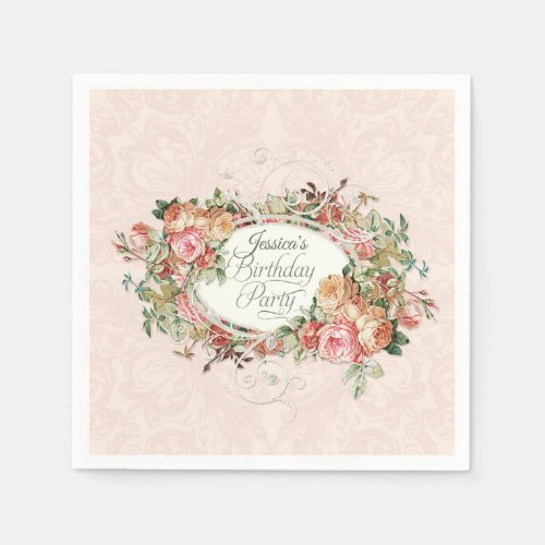 Script Birthday Party Vintage Blush Floral Bouquet Napkins