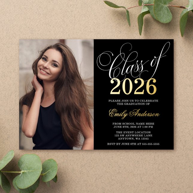 Script Black 2026 Photo Graduation Party Gold Foil Invitation (Creator Uploaded)