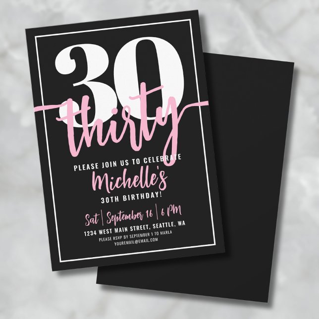 Script Black 30th Birthday Party Invitation (Modern Black 30th Birthday Party Invitation )