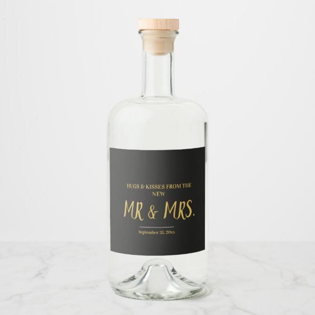 Script Black and Gold Elegant Mr & Mrs. Wedding  Liquor Bottle Label (Front)