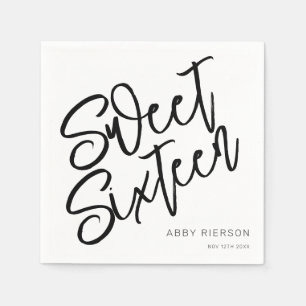 Script Black and White Sweet Sixteen Custom Name Napkins