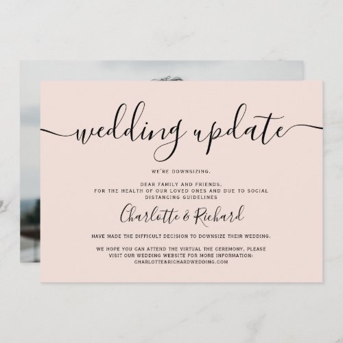 Script black and white wedding downsizing photo announcement