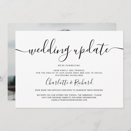 Script black and white wedding downsizing photo announcement