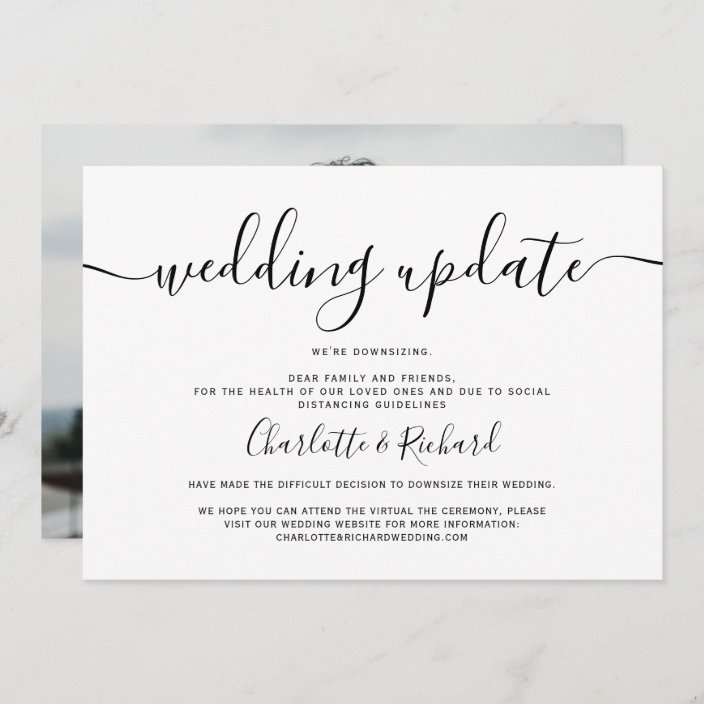 Script black and white wedding downsizing photo announcement | Zazzle.com