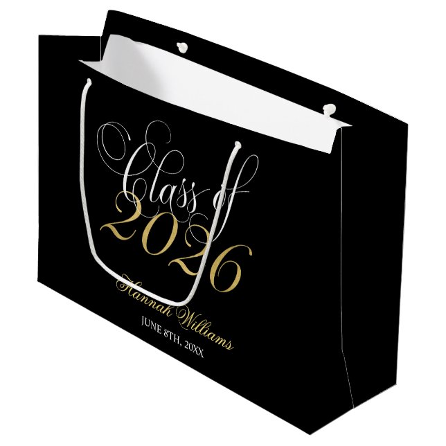 Script Black Gold Class of 2026 Graduation Large Gift Bag (Front Angled)
