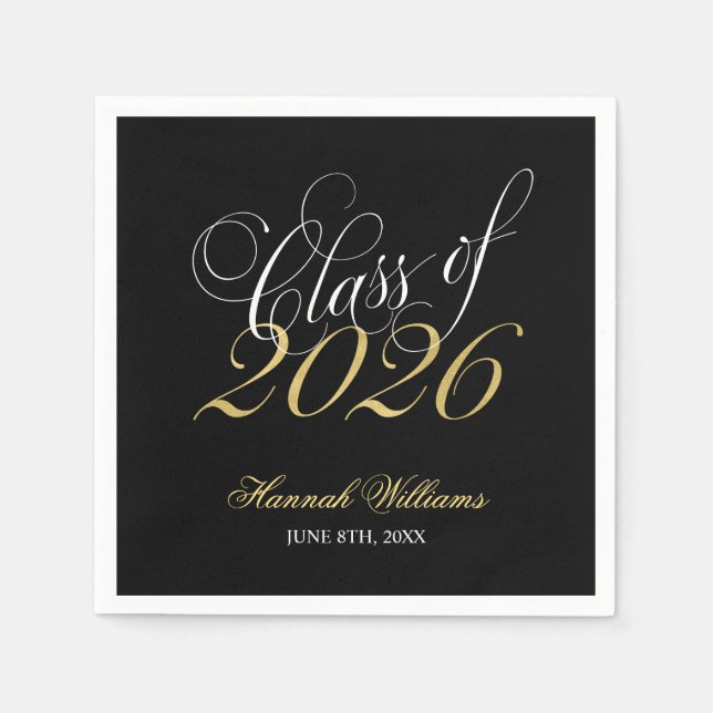 Script Black Gold Class of 2026 Graduation Napkins (Front)