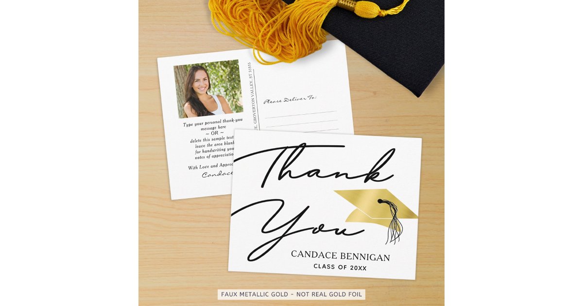 Script Black Gold Photo Graduation Thank You Postcard | Zazzle