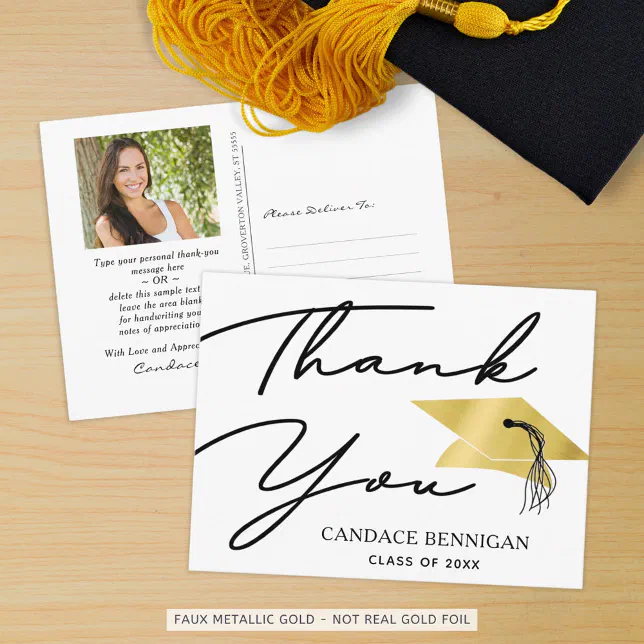 Script Black Gold Photo Graduation Thank You Postcard | Zazzle