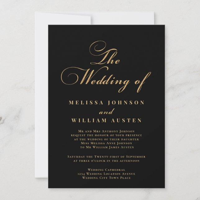 Script Black Gold Wedding Invitation (Front)