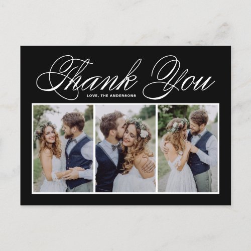 Script Black Three Photo Collage Wedding Thank You Postcard