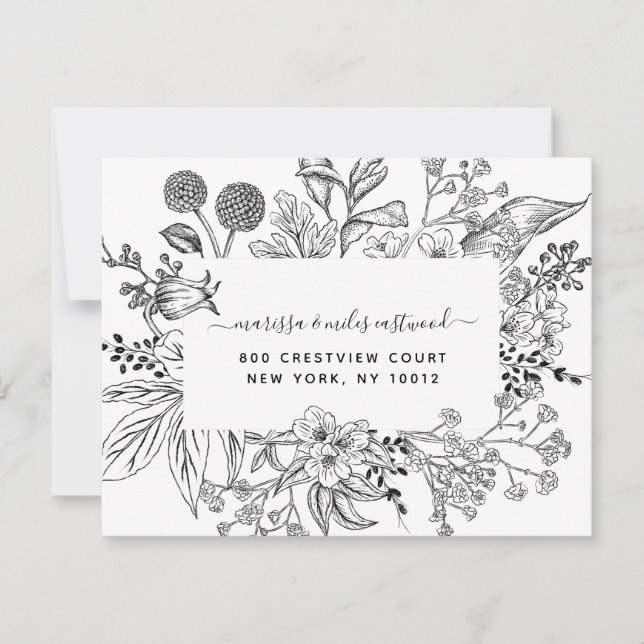 Script Black White Floral Botanical Personalized N Note Card (Front)