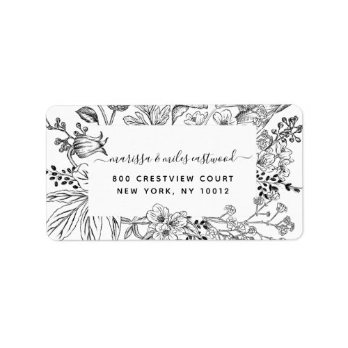 Script Black White Floral Return Address Label