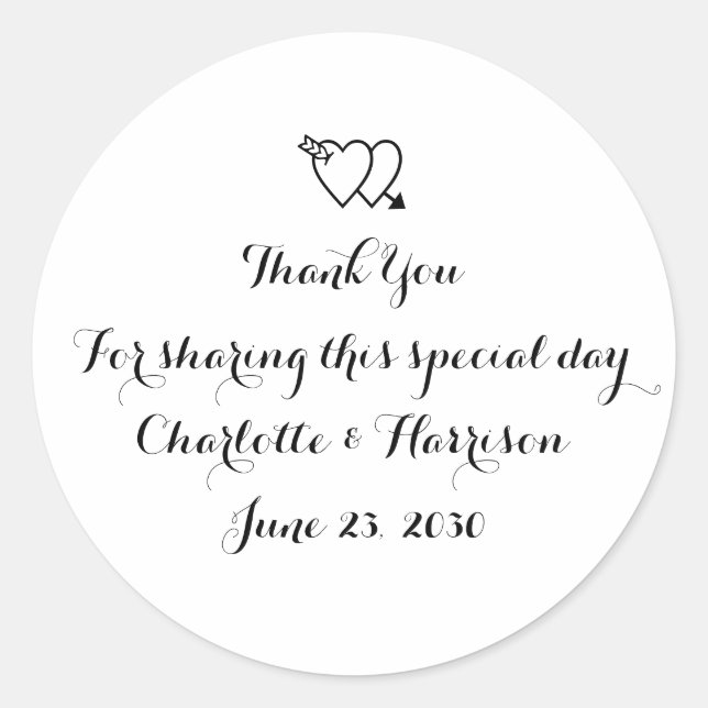 Script black white hearts Wedding gift favor Classic Round Sticker (Front)
