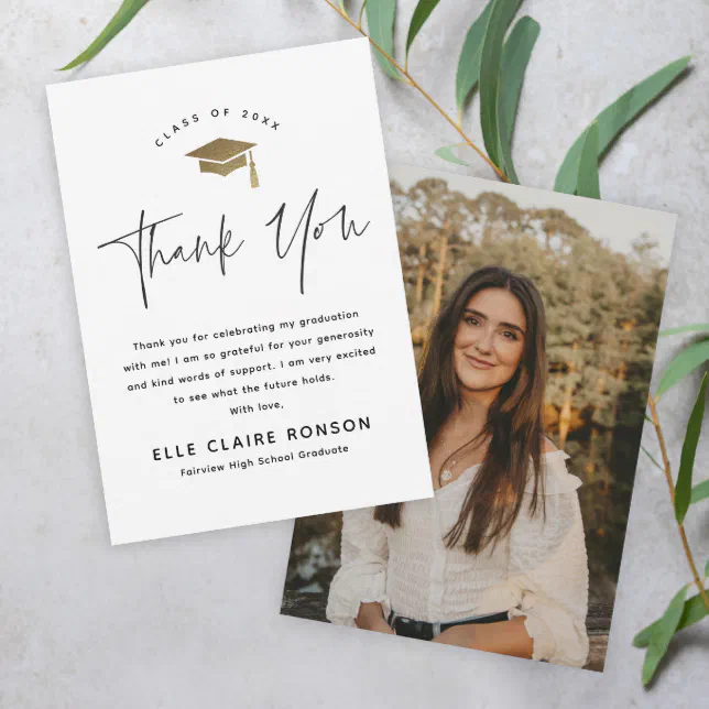 Script Black & White Photo Graduation Thank You Invitation | Zazzle