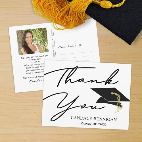 Script Black White Photo Graduation Thank You Postcard