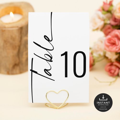 Script Black White Wedding Printable Table Number