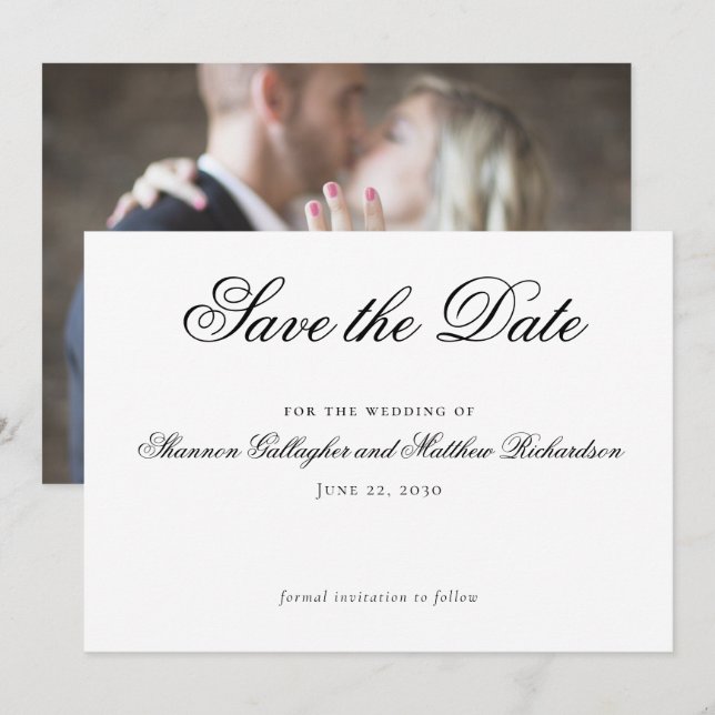 Script Black White Wedding Save the Date Photo Announcement (Front/Back)