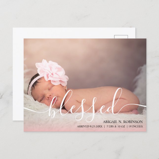 BA121 PRINTED Birth Announcement design - baby girl photo store card - modern style template | transparent overlay script pink inc. ENVELOPES