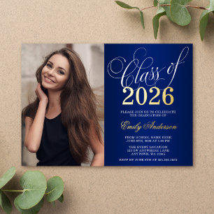 Script Blue 2026 Photo Graduation Party Gold Foil Invitation