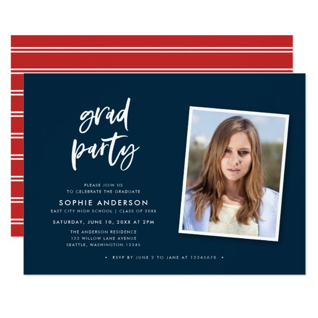 Script Blue and Red Photo Graduation Party Invitation