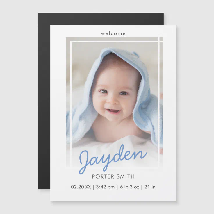 Script Blue Boy Photo Birth Announcement Zazzle